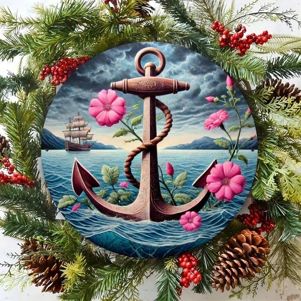 Nautical Anchor Sailboat Floral Metal Wall Art 8 Inch Round Iron Decor For Home Kitchen Cafe Hanging