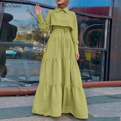 Women Casual Turn Down Collar Loose Long Sleeve Elegant Long Dress
