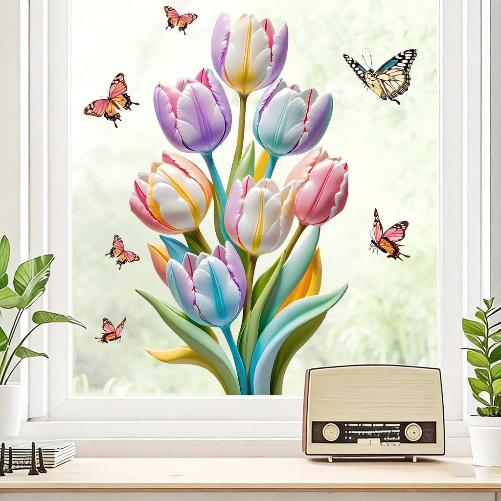 Colorful Tulips Butterflies Wall Sticker Set Modern Minimalist Home Decor for Living Room Study Waterproof Self-Adhesive Removable