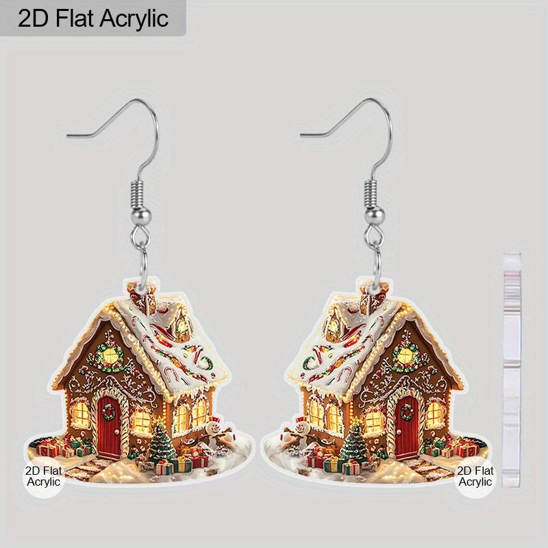

2D Плоские Рождественские Фестивальные Мультяшные Серьги с Двусторонним Узором Снежный Дом, Ювелирный Подарок для Женщин