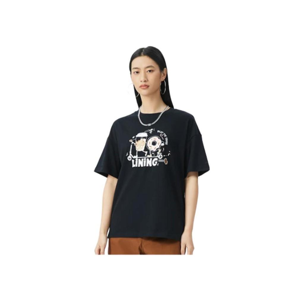 Li Ning Serie Moda Sportiva Stampa Logo Girocollo Manica Corta T-Shirt Top Donna Nero AHSS716-2