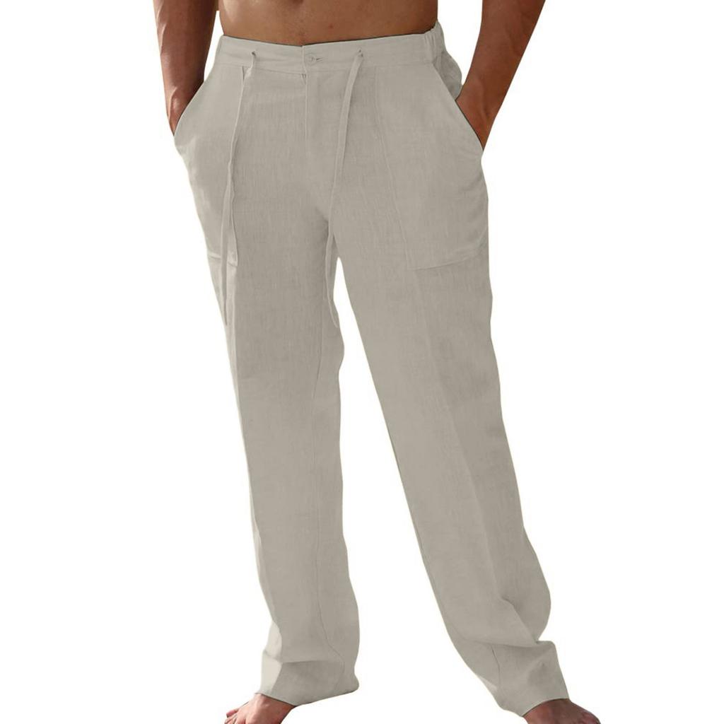 Men's Casual Linen Patch Bag Loose Drawstring Straight Leg Summer Beach Yoga Pants
