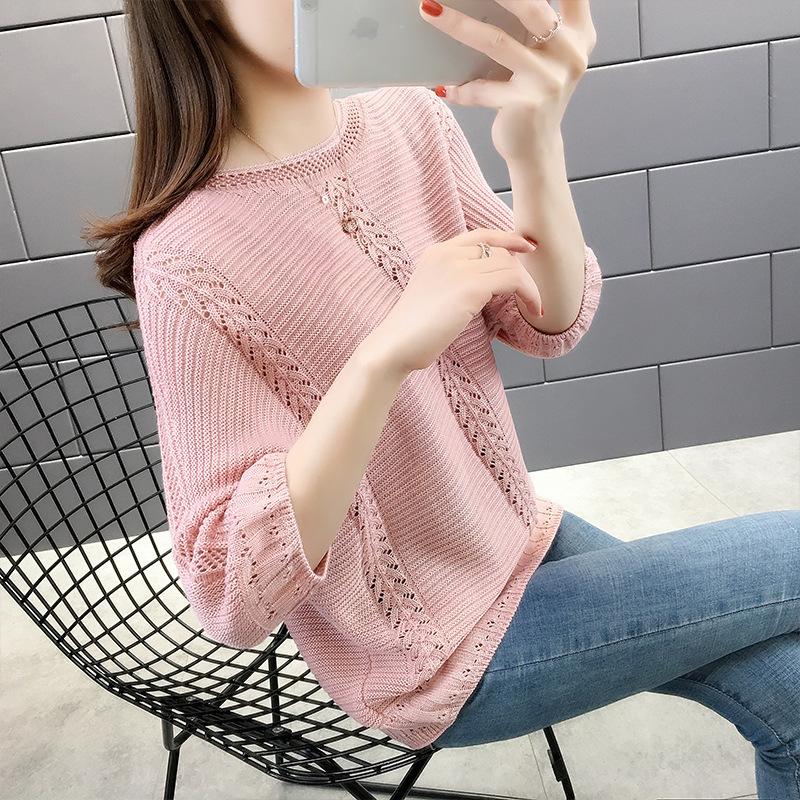 Summer Simple Hollow Knitted Sweater Women's Pullover Loose Temperament Elegant Seven-quarter Sleeve Crew Neck Top Women
