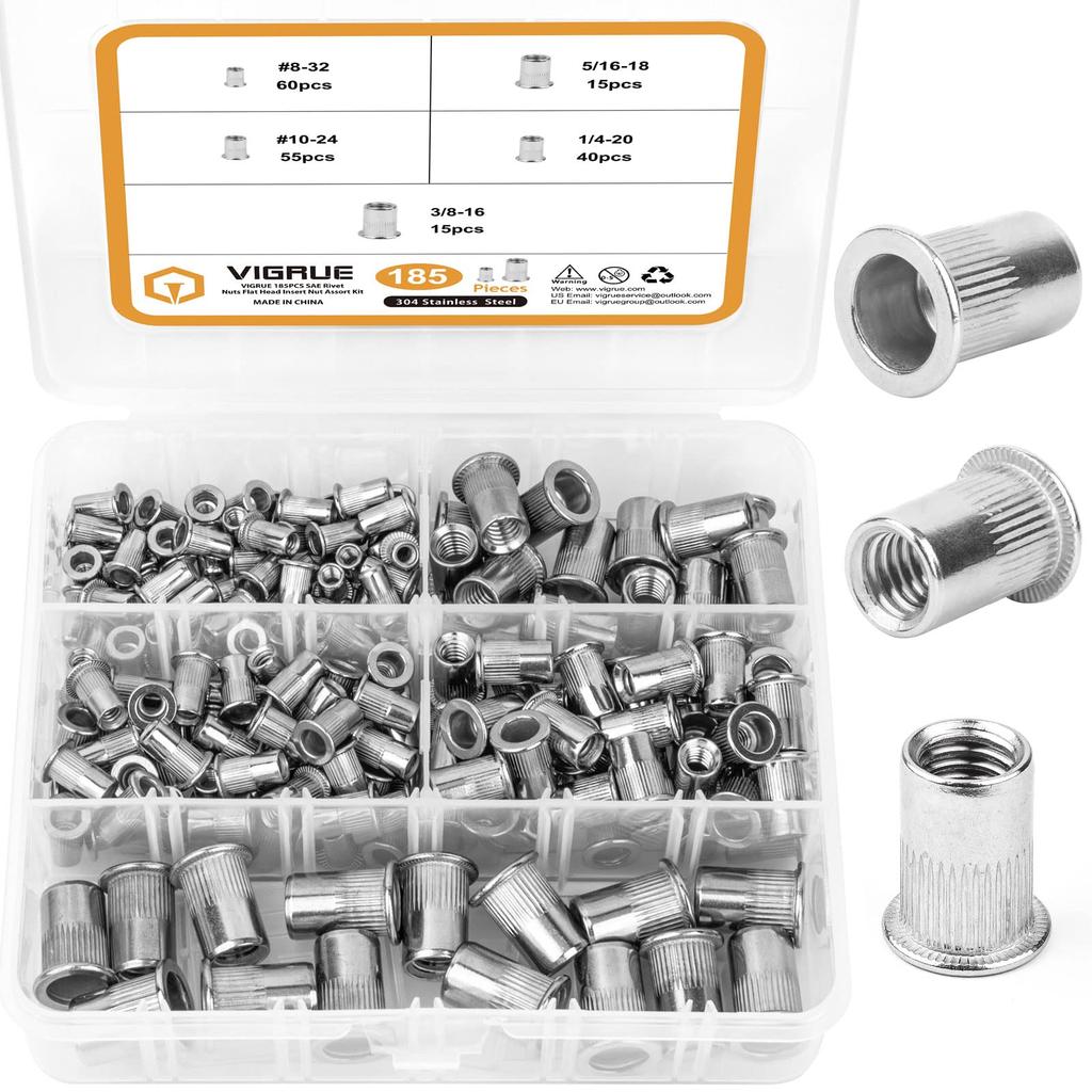 SAE   Assortment, VIGRUE 185pcs #8-32#10-24 1/4"-20 5/16"-18 3/8"-16 304 Stainless Steel Erts Riv Kit, Flat Head Threaded Insert Nut Assort