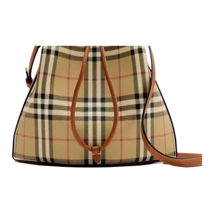 Burberry Check Print Shield Buckle Bucket Bag Women Shoulder Bag Brown 81097951