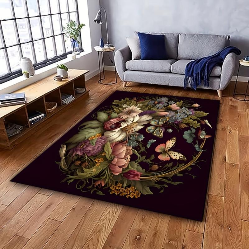 VIKAMA Artistic Floral Butterfly Living Room Bedroom Rug Luxury-Inspired Durable Non-Slip Home Mat Home Decor