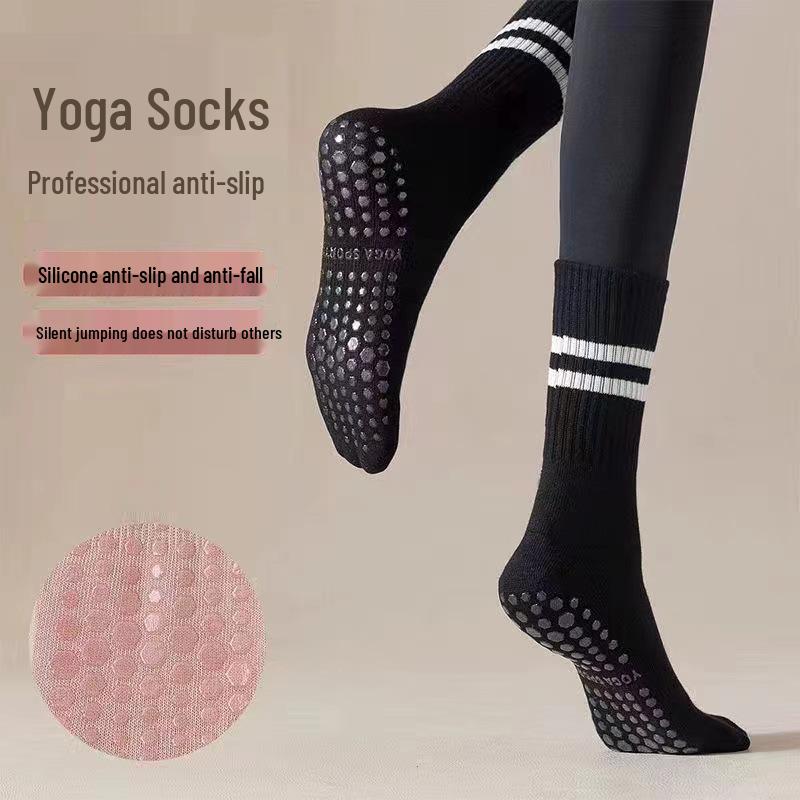 Chaussettes professionnelles antidérapantes à cinq doigts mi-mollet pour Pilates et Yoga avec deux rayures, Idéales pour le sport et les sols