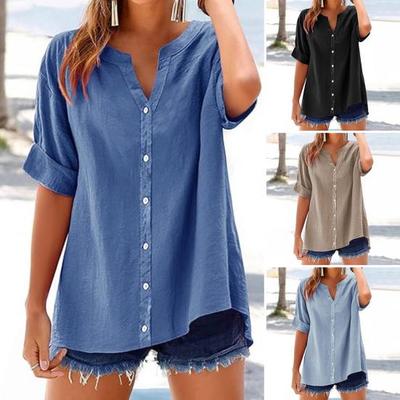 Women Shirt V-neck Short Sleeve Buttons Placket Shirt Tops Solid Color Loose Fit Casual Blouse Daily Wear