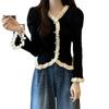 Women's Color-Block Frilly Flared-Sleeve Knit Top - Slimming Autumn/Winter Sweater