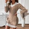 Women Long Sleeve Doll Collar Color Block Twist Knit Short Sweater Dress