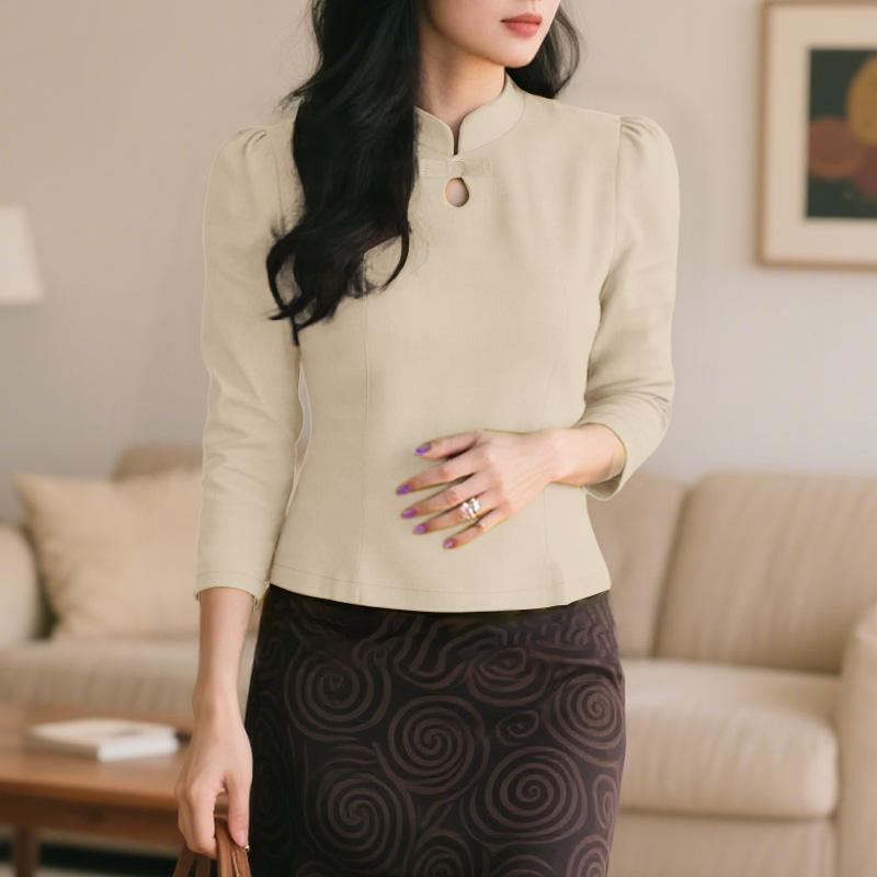 

ZANZEA Women Stand Collar Summer Casual 3/4 Sleeve Solid Blouse 5XL хакі