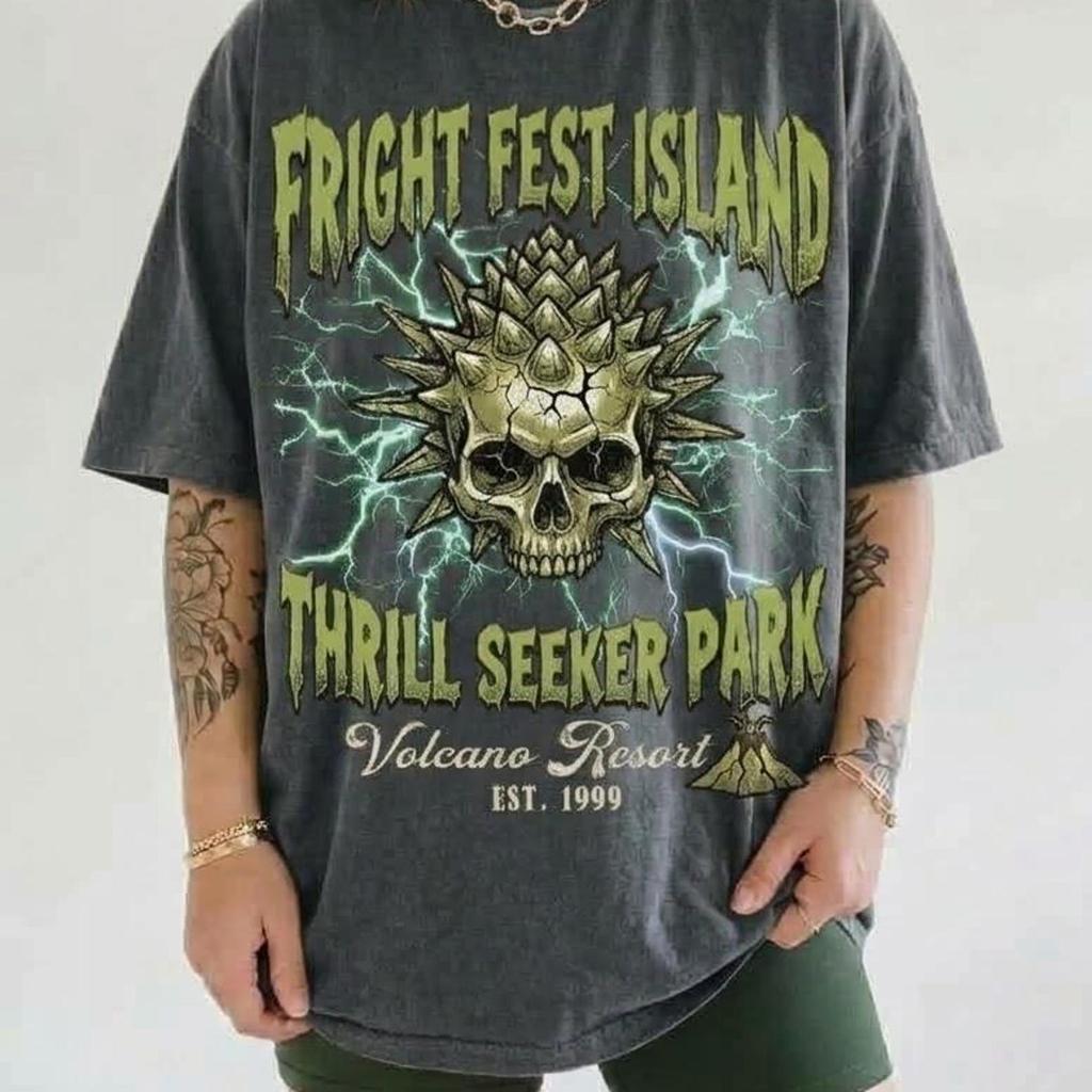 Fright Fest Island Shirt Thrill Seeker Park Vintage Spiky Skull Graphic Tee Retro Volcano Resort Comfort Colors Oversized T-Shirt