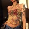 Women's flower print mesh top sexy slim cross neck halter sling vest women