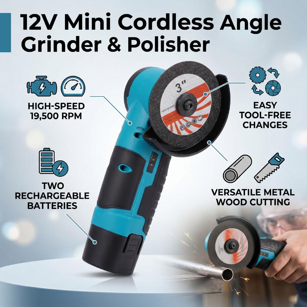 12V Mini Cordless Angle Grinder Polisher 19500RPM High Speed, 2 Saw Blades Compatible with Metal Wood Metal Cutting