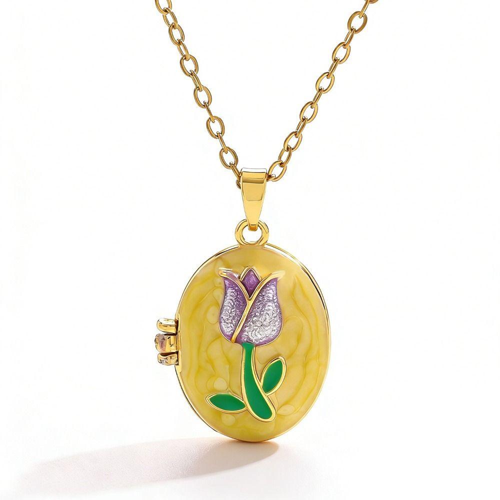 Titanium Steel Photo Locket Pendant Necklace Openable Glazed Flower Choker  Girl