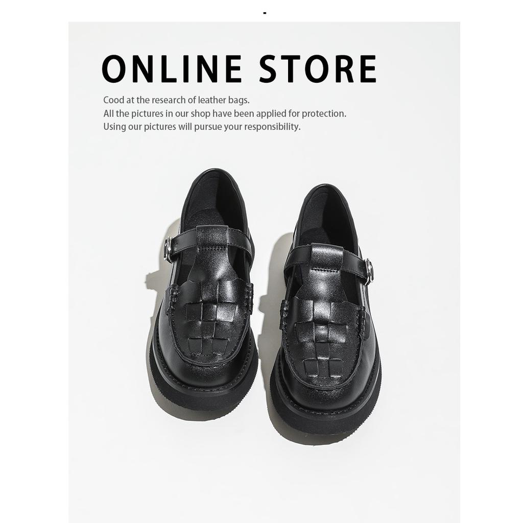 Leather Deep Mouth Single Shoes Women's Spring New Belt Buckle Braided Thick-soled Love Wo Wo Mary Jane Shoes Rubber Soles