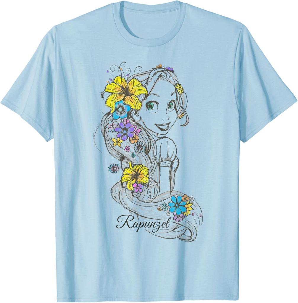 Fashion Casual Disney Tangled Rapunzel Floral Sketch Portrait T-Shirt T-Shirt S-4XL Summer