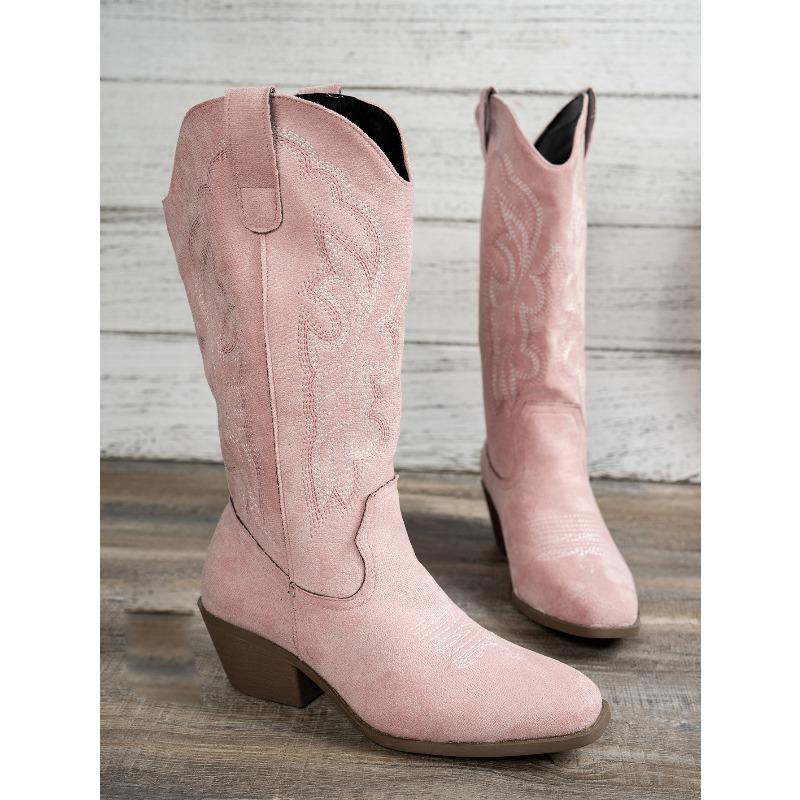 2025 Fashion Fall/Winter New Mid-Heeled Women's Boots Round Toe Plus Size Embroidered Western Women's Boots