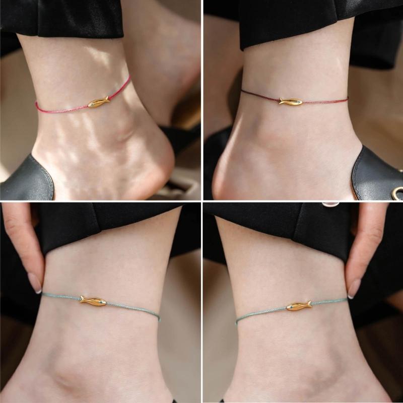 2 Pcs Fashion Gold Fish Charm Anklet Leg Foot Chain Lucky Carp Anklets Beach Jewelry Simple Blue Redness  Rope Woven Anklets