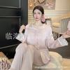 Women’s Spring Autumn Lace Ice Silk Pajama Set Sexy Camisole Top, Long Pants and Robe Three-Piece Loungewear