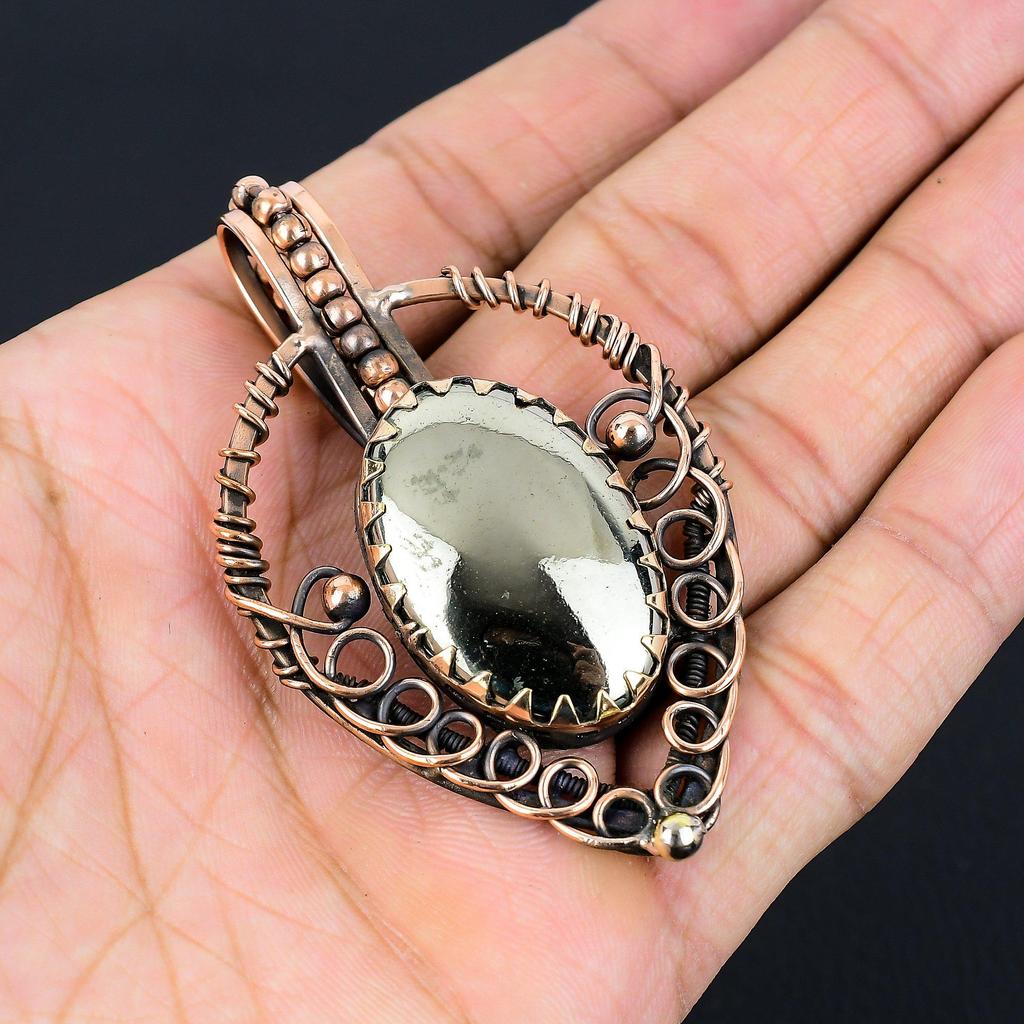 Golden Apache Pyrite Gemstone Handmade Pure Copper Wire Wrapped Pendant Jewelry