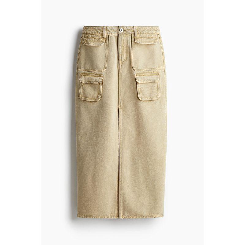 

HM Women s Skirt Autumn Denim Loose Nature Waist High Slit A- line Dress 1230524 Beige 160/68((36))