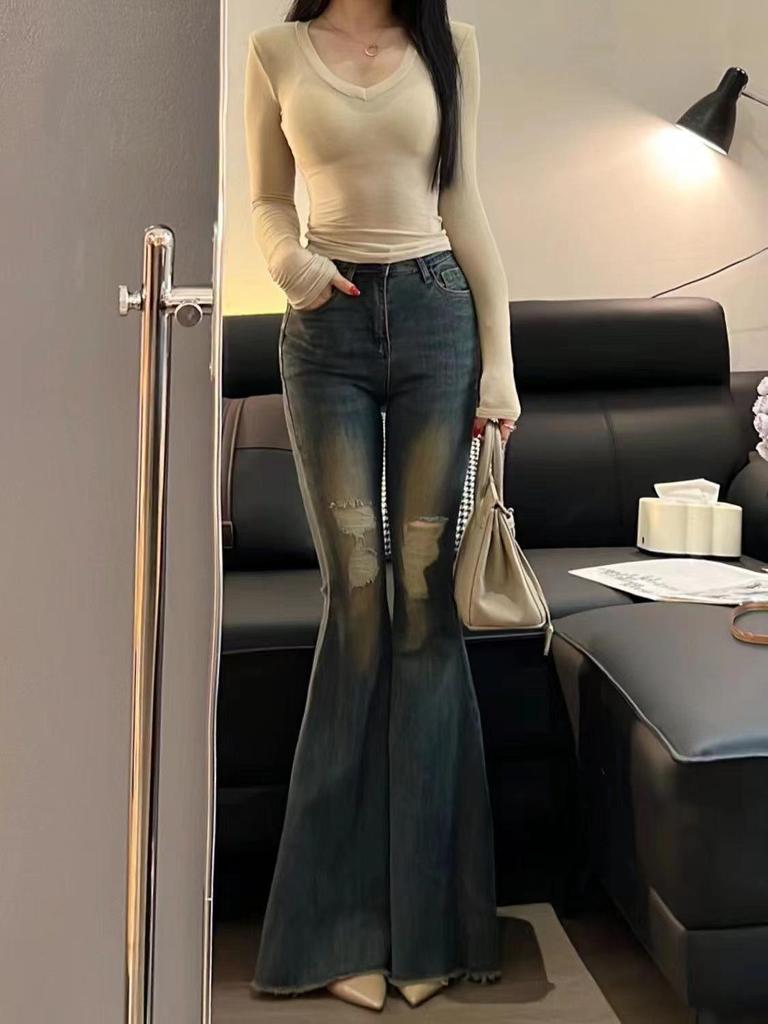 Hot Girl Retro Fishtail Flared High Waist Ripped Jeans