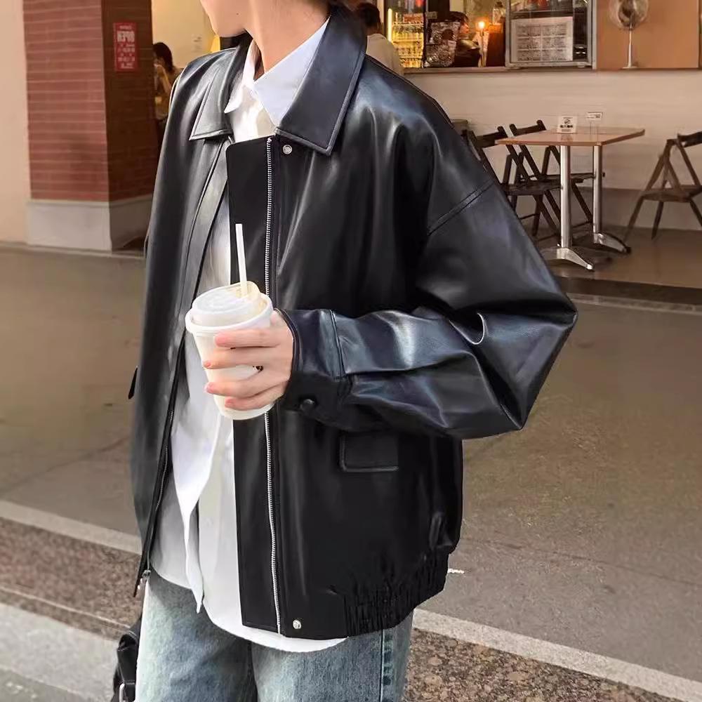 Women's Retro Brown Leather Biker Jacket - Short, Petite, Korean Style, Autumn/Winter 2025 Collection