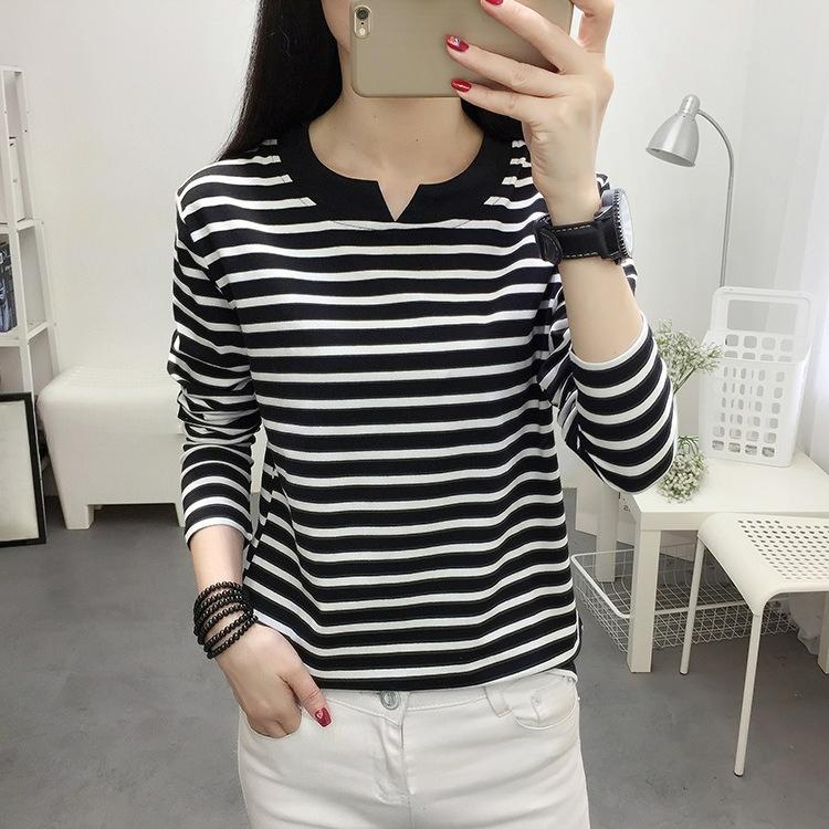 Plus Fat Plus Size Loose Long-sleeved T-shirt Women's Autumn Clothes Pure Cotton Bottoming Shirt Outer Wear Black and White Striped Top