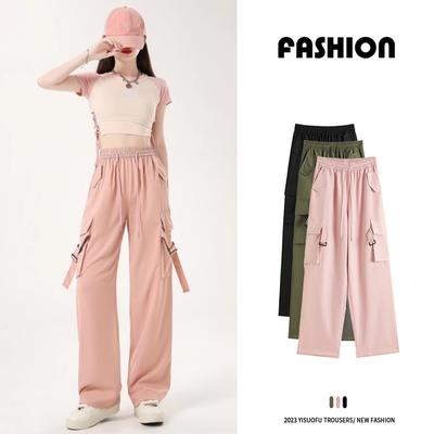 Womens Pink Cargo Pants Solid American Vintage Casual Baggy High Street Streetwear Black Straight Tube Female Wide Leg Sports Pants