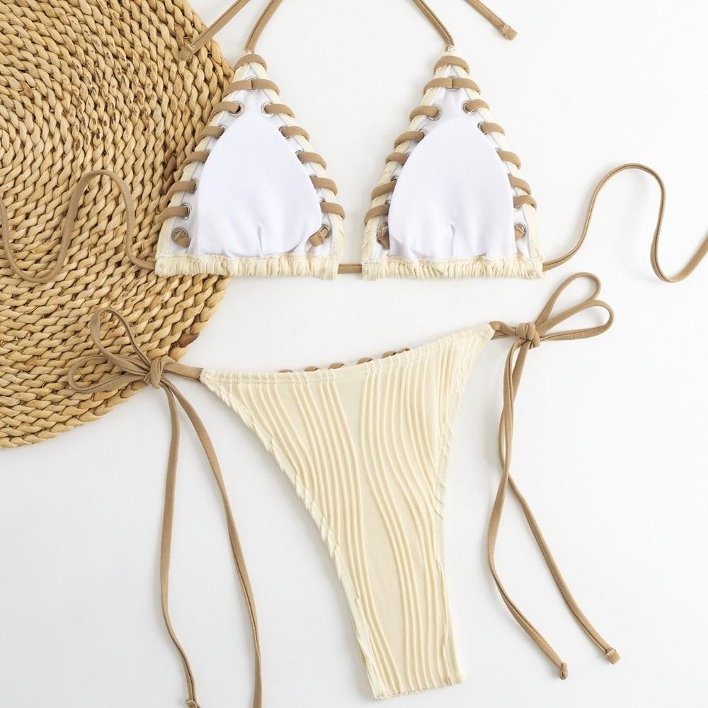 Lace Up Bikini Suit Ruffled Halter Neck Sling Swimsuit Fashion Swimwear Set  Swimming Pool