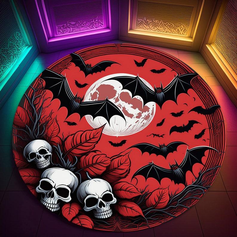 

Готический ковер на Хэллоуин - Круглый дизайн с летучей мышью и луной | Ведьминский вампирский декор для спальни/алтаря diameter 90cm