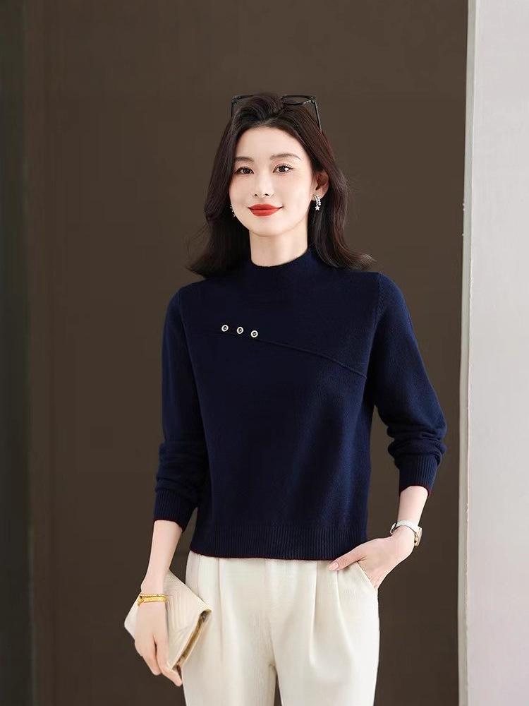 Women's Wool Fleece Sweater with Semi-High Neck for Autumn and Winter