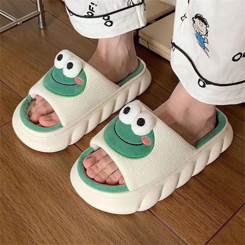 Linen Slippers Indoor Women Breathable Indoor Home Non-slip Cartoon Couple Four Seasons Slippers Men