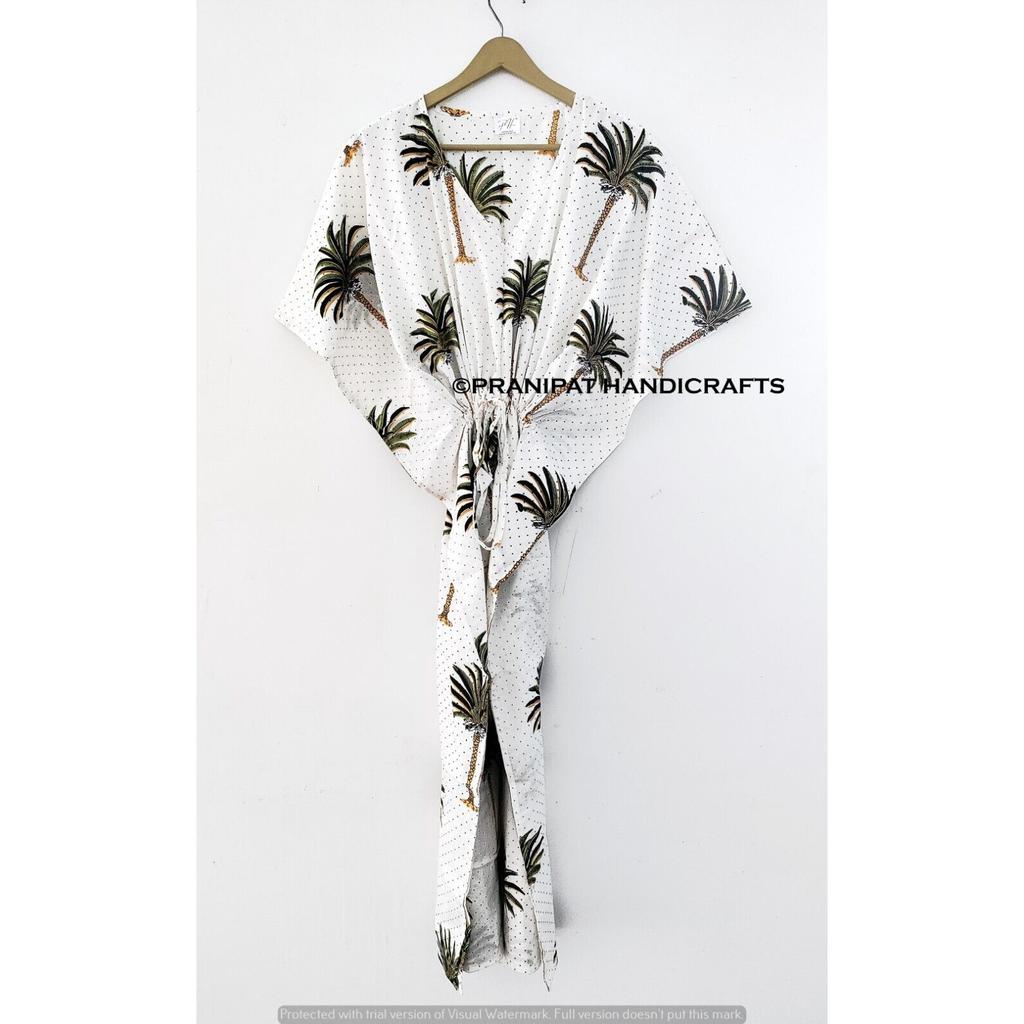 Women Cotton Hippie Summer Sleepwear Palm Tree Print Long Maxi Caftan Dress CKFTN-SCRN-FULL-BUYIT-103