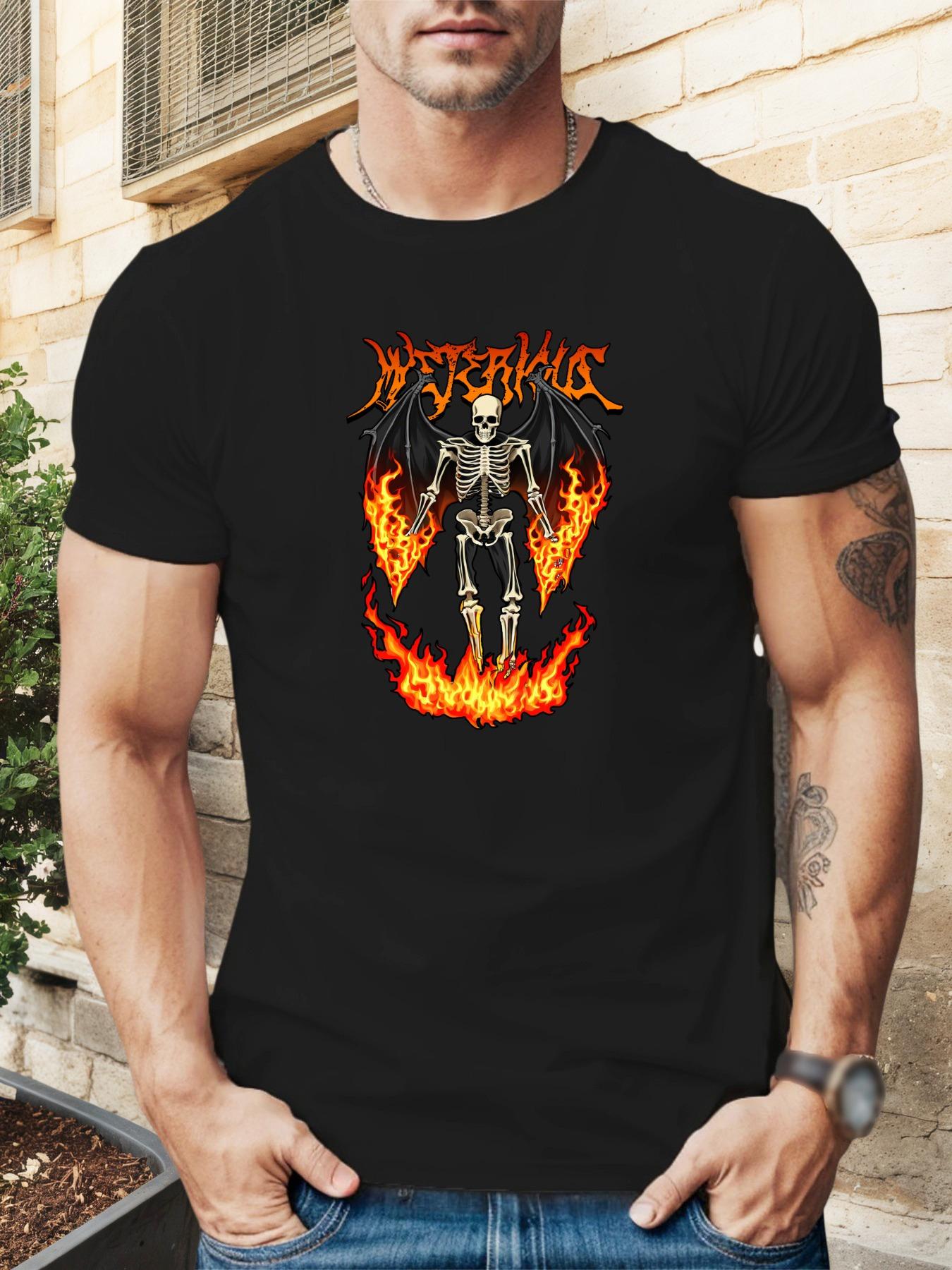 Devil Skull Graphic T-shirt - Black with Fiery Orange & White Design S