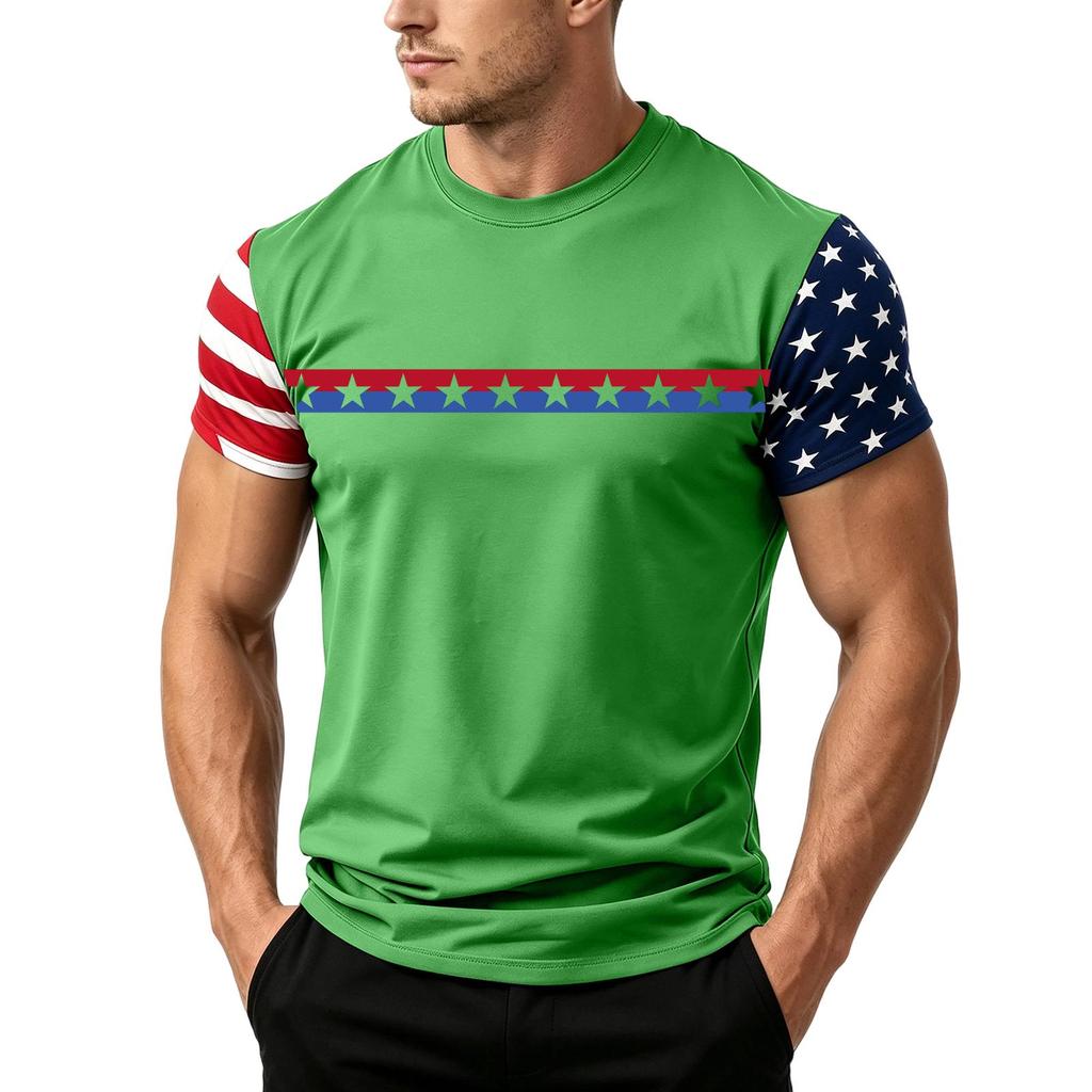 Men's Casual Short Sleeve T Shirt Loose Fit Crew Neck Lightweight Summer Daily Wear Tee with Flag Pattern Sleeve Design