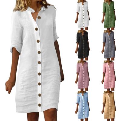 Women's Shirt Neck Midi Sleeve Button Dress Solid Color Casual Dresses