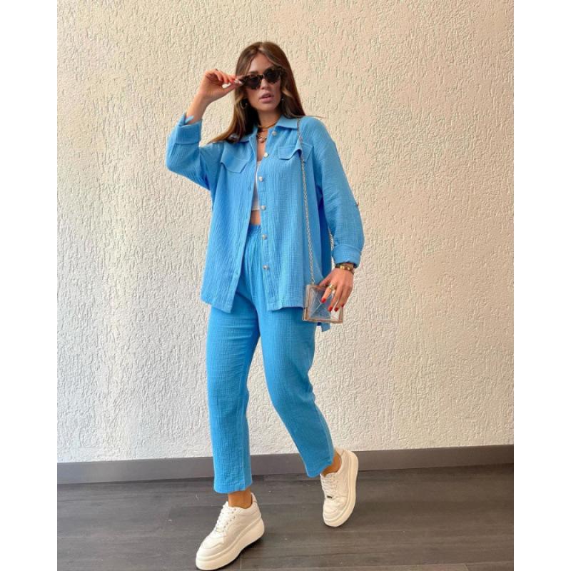 

2025 Double-Layer Crepe Plus Size Loose Turn-Down Collar Long Sleeve Shirt and Casual Set for Women: European & American Style XL небо синє кольору