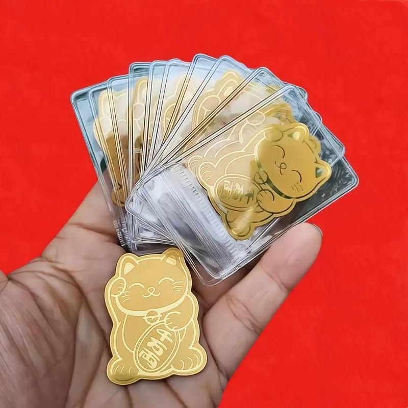 10pcs Golden Lucky Cat Stickers with Glitter. Reusable Decals for Phone, Laptop as New Year Gift. Festive & Shiny Design.