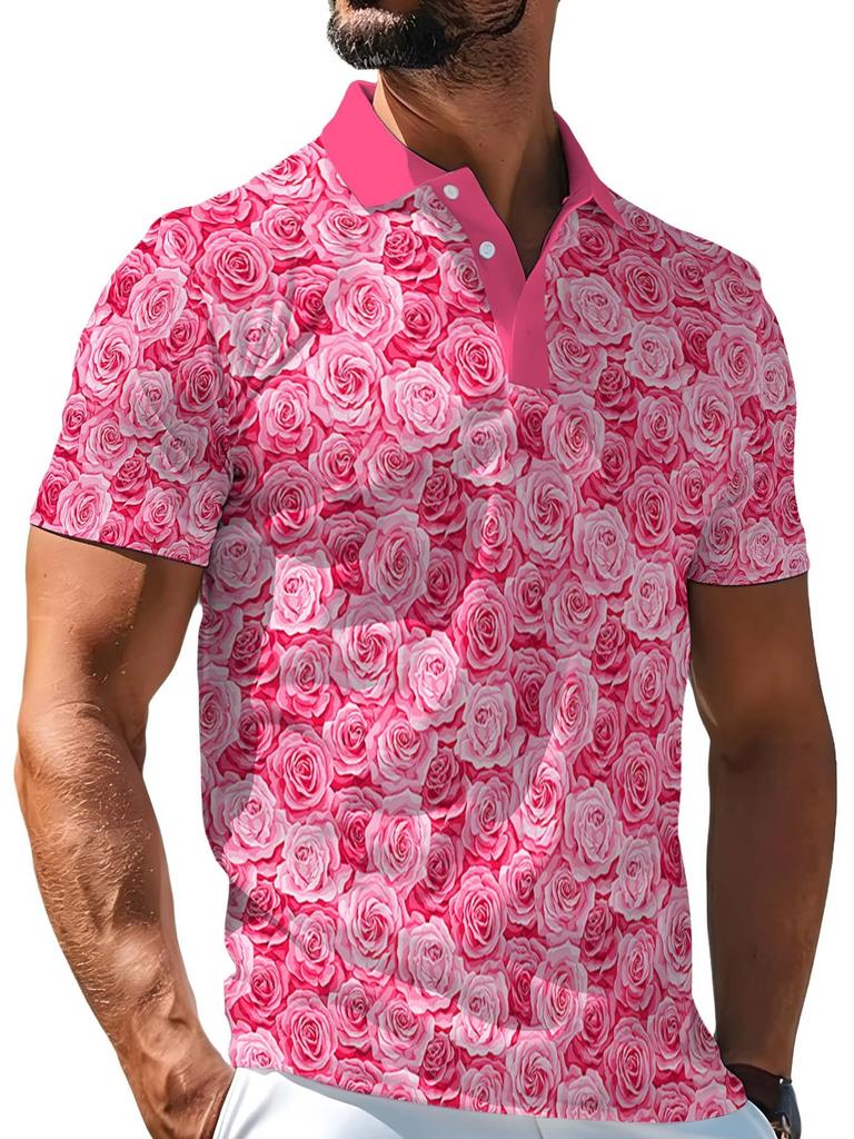 Men's Polo Shirt with All-Over Powder Gradient Blooming Rose Dense Floral Print, Smooth Top for Dates, Beach, and Vacation
