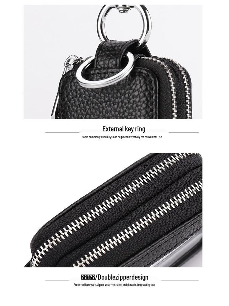Echtes Leder Doppelschicht Schlüsseletui mit Litschi-Muster, Reißverschluss-Münzfach und Universal-Schlüsselring