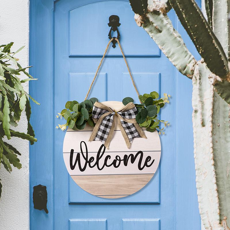 Eucalyptus Welcome Graceful Sign With Chic Black And White Plaid Bow For Decor Seasonal