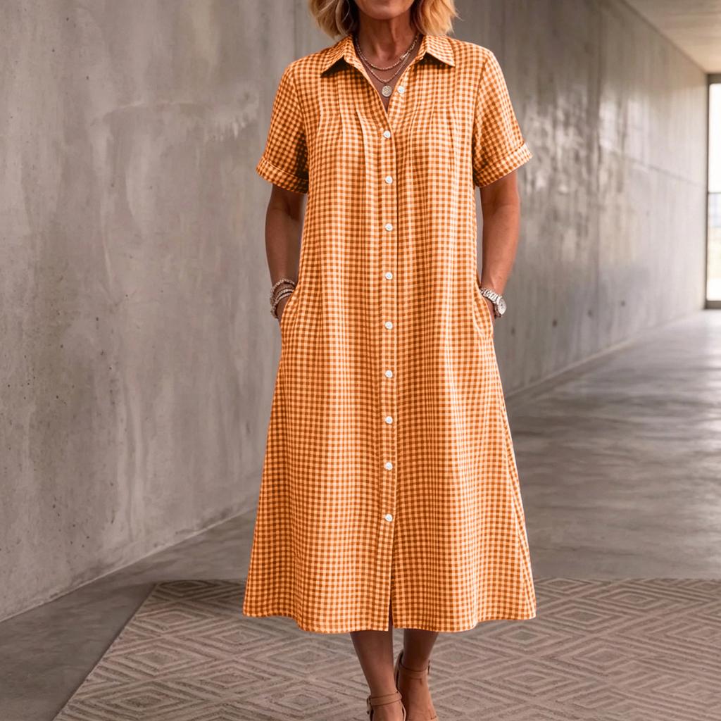 Women Plaid Short Sleeve Shirt Dress Button Down Collared Midi Dress with Pockets Casual Loose Fit Summer Dress