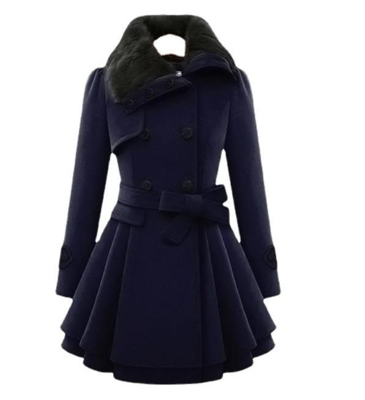 Women's Plus Size Wool Coat Medium Length Double Breasted Slim Fit Fur Collar Fashion Windbreaker Outerwear