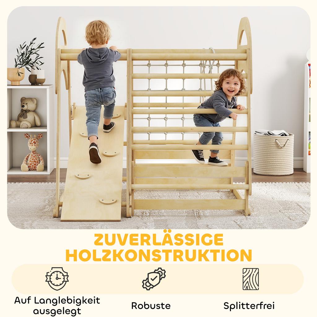 6 in 1 Kids Climbing Frame with Slide, Monkey Bars, Gymnastics Rings, Ladder, Climbing Net, for 3-6 Years, Natural Tone