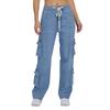 Spring New Street Washed Overalls Women's Multi-pocket Wide-leg Lace-up Jeans