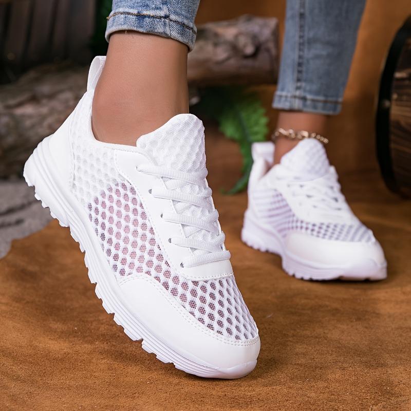[Breathable Sneakers] Breathable Mesh Women's White Casual Sneakers | Summer Low-Top Lace-Up Shoes with EVA Cushioned Sole