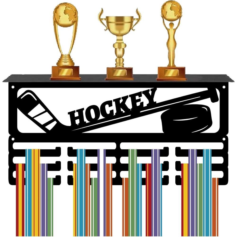 Heavy Duty Hockey Medal Rack with 12 Hooks Wall Mounted Trophy Shelf Display for 60+ Awards Black Sports Medals Holder 15.7x8x4 Inch