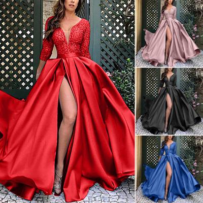 Deep V-Neck 3/4 Sleeve Lace Splicing Waist Tight Mid-Rise Gown Dress Women Sequins Decor Trailing Split Hem Banquet Evening Dress Female Clothing